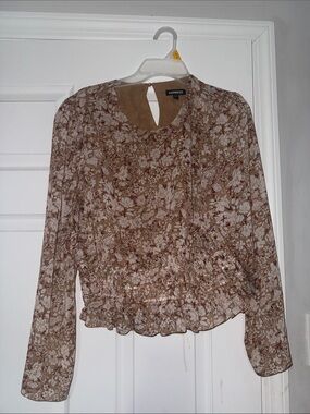 Express Brown Floral Ruffle-Hem Long-Sleeve Blouse